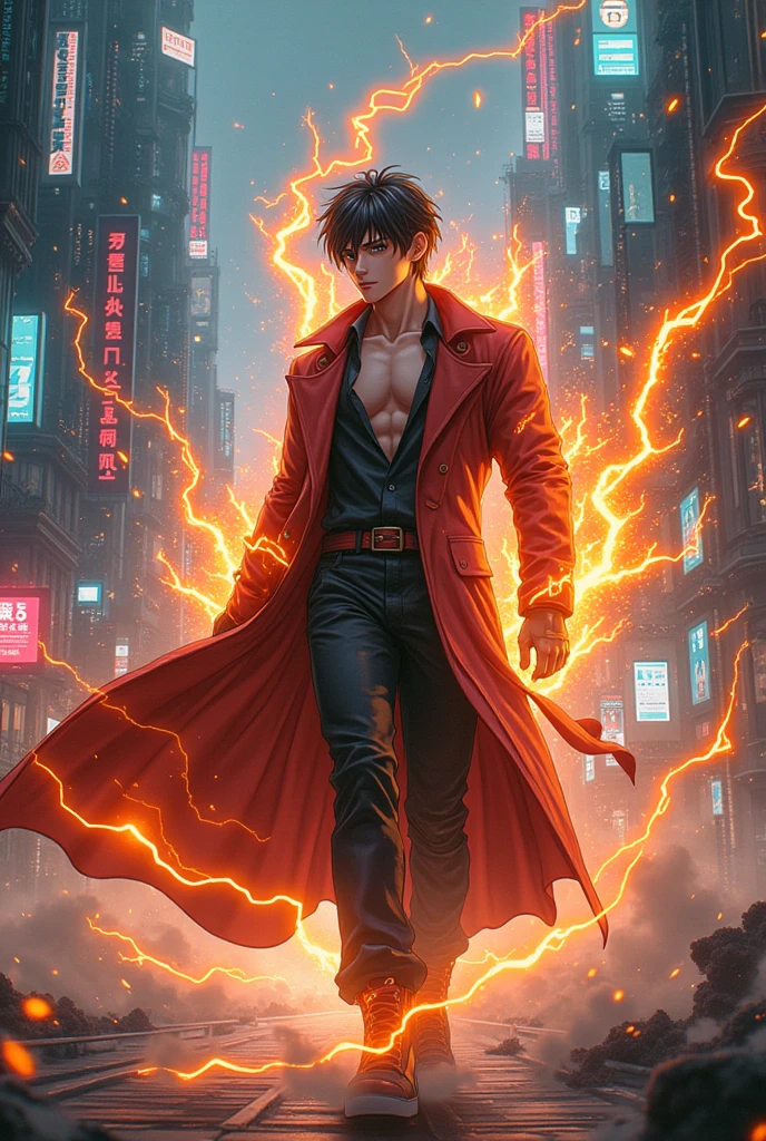 anime style draw ,Adult anime boy,in a futuristic city, with technology, controlling orange lightning and sparks , ultra realisitic