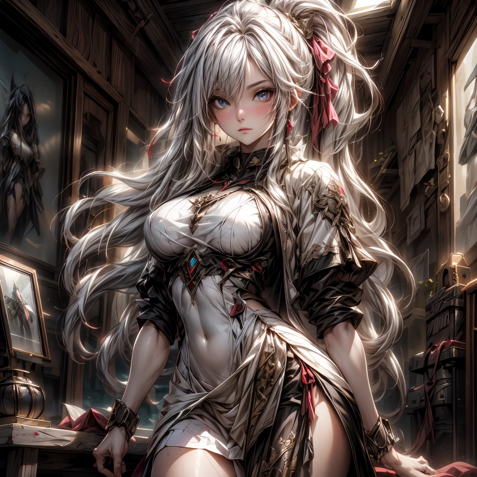 (best quality)), ((Masterpiece)), (details:1.4), 3d, HDR (high dynamic range), an image of a beautiful cyberpunk female, fantasy, medieval, Cyberpunk, Sleek style, pink hair, High ponytail, Beautiful White eyes, จมูกโด่ง, ปากแดง, หน้าอกใหญ่, nvidia RTX, PBR surface, After processing, Anisotropic filtration,depth of field, Maximum clarity and clarity, multi-layered surface, Subsurface scattering, perfect proportions, 8K raw files, ultra detailed, Perfect proportions, volumetric lighting, soft lighting, Holy Paldin, Heavy Golden Armor, White dress, intricate Silver embroidery, glossy skin, Bed room Background, jewely, ต่างหู, mini white skirt, armor grove