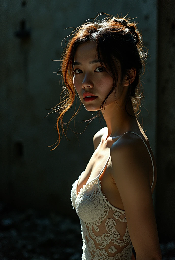 (Highest quality:1.4),(masterpiece:1.4),(Realistic:1.4),(Realistic:1.2),(超High resolution, RAW Photos:1.4),(High resolution, Very detailed:1.2),(8k:1.2),photograph,(Shot from behind:1.3)、Korean women、brown hair photos,One Woman,alone,(In underwear),Very large breasts,((Thigh to head shot:1.3))、(((topless、You can see her large breasts from the side.)))、((Toothy smile))、((Very large breasts:1.4))、Realistic skin textures、Slightly freckled、Slender figure、Realistic skin textures、((background,Concrete wall:1.3)),(topless,The breast is visible from the side:1.6),(Long lace slip,White)、3 woman、The angle at which the nipple is not visible、((Updo long hairstyle))、((Black,Long lace slip:1.4))、Correct toes、Detailed facial features、Long slip covers the buttocks and soles of the feet、Long slip covers your butt、