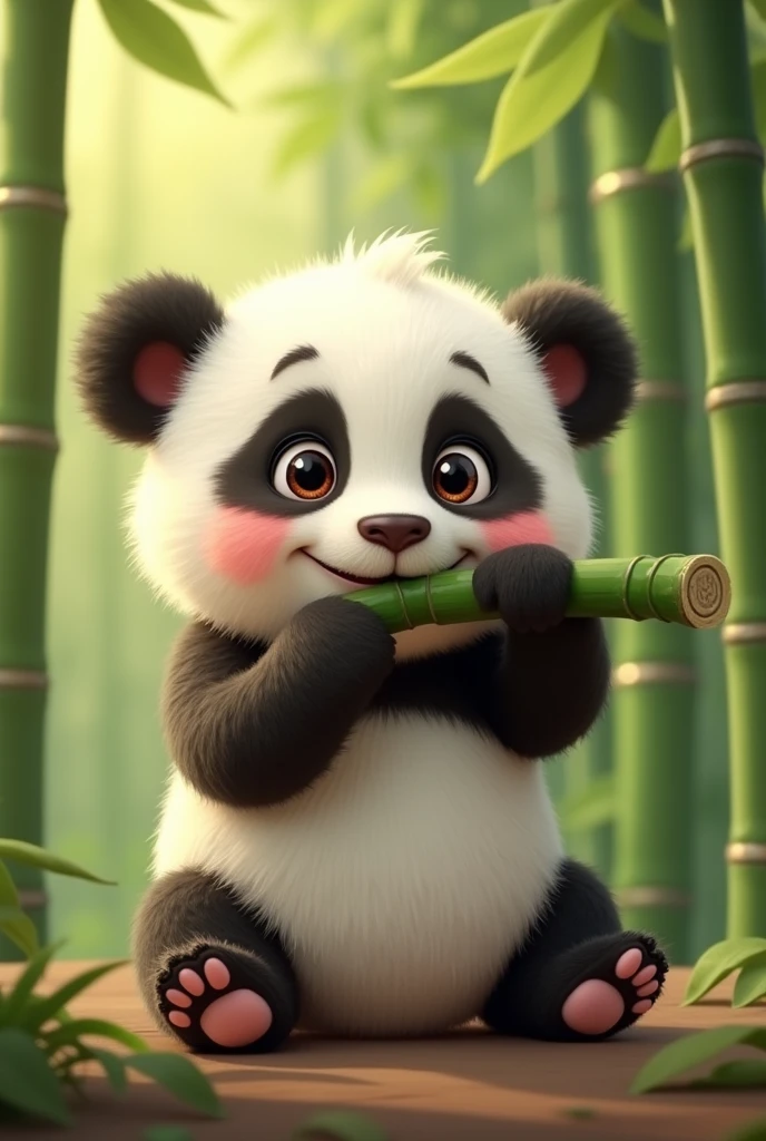 I need you to design me an animated image of a cute baby panda biting a bamboo branch