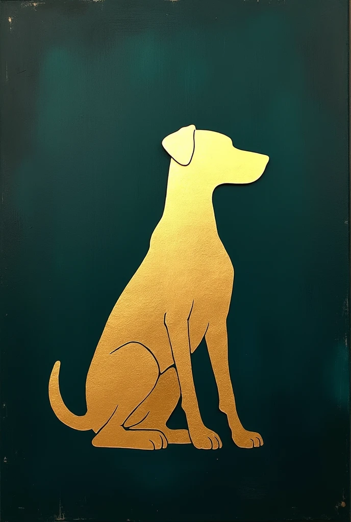 "Create a luxurious pet portrait featuring a sleek, gold-foil silhouette of a dog. The background should be a dark, textured canvas in deep navy or emerald green. The silhouette should be simple and elegant, with smooth lines that outline the pet’s shape. The overall feel should be minimalistic yet opulent, with a focus on the golden texture."