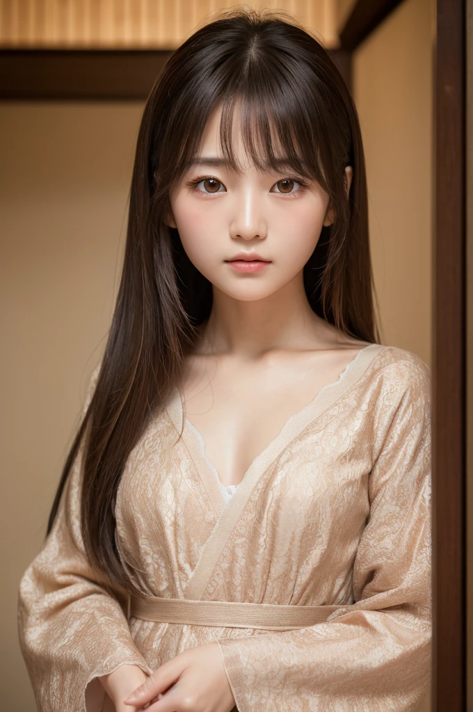 Highest quality, Face Focus, Soft Light, Ultra-high resolution, (Realistic:1.4), RAW Photos,
1 Japanese girl, alone, cute, (pupil, Light in your eyes),  Beautiful face in every detail, (Small box),(High resolution detail of human skin texture),
(Long Hair),
indoor,
Damask Shirt Dress,
(Portraiture)