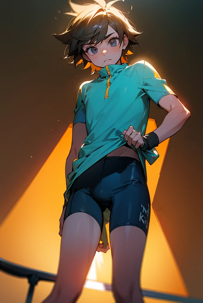 A wild kid in cycling shorts with his private parts highlighted