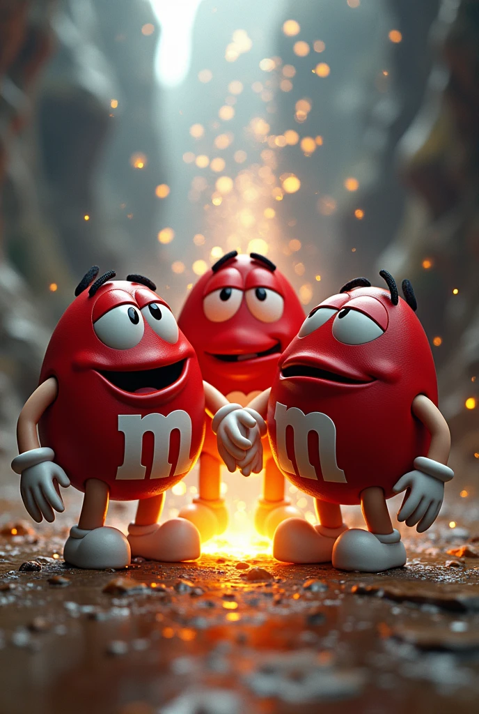 One Piece, Three Red M&M Men, Sharigan, Mischievous grin, fusing, bodies pulled towards eacother