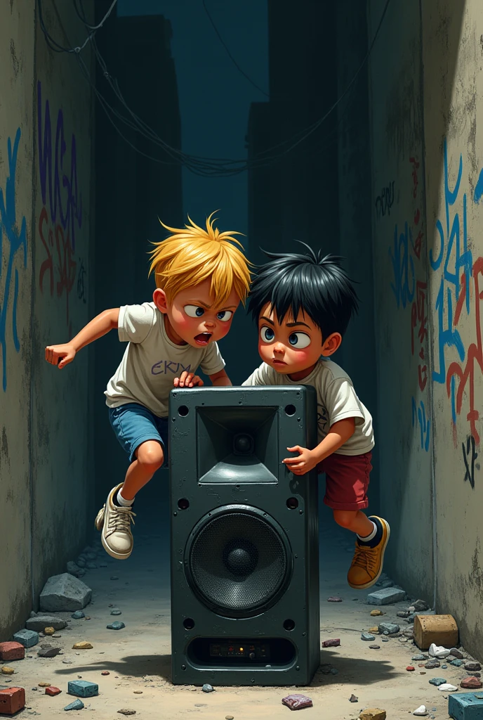 Two kids like the neighborhood gang from the cartoon jumping on a speaker, in a more trap tone, now with a more threatening face