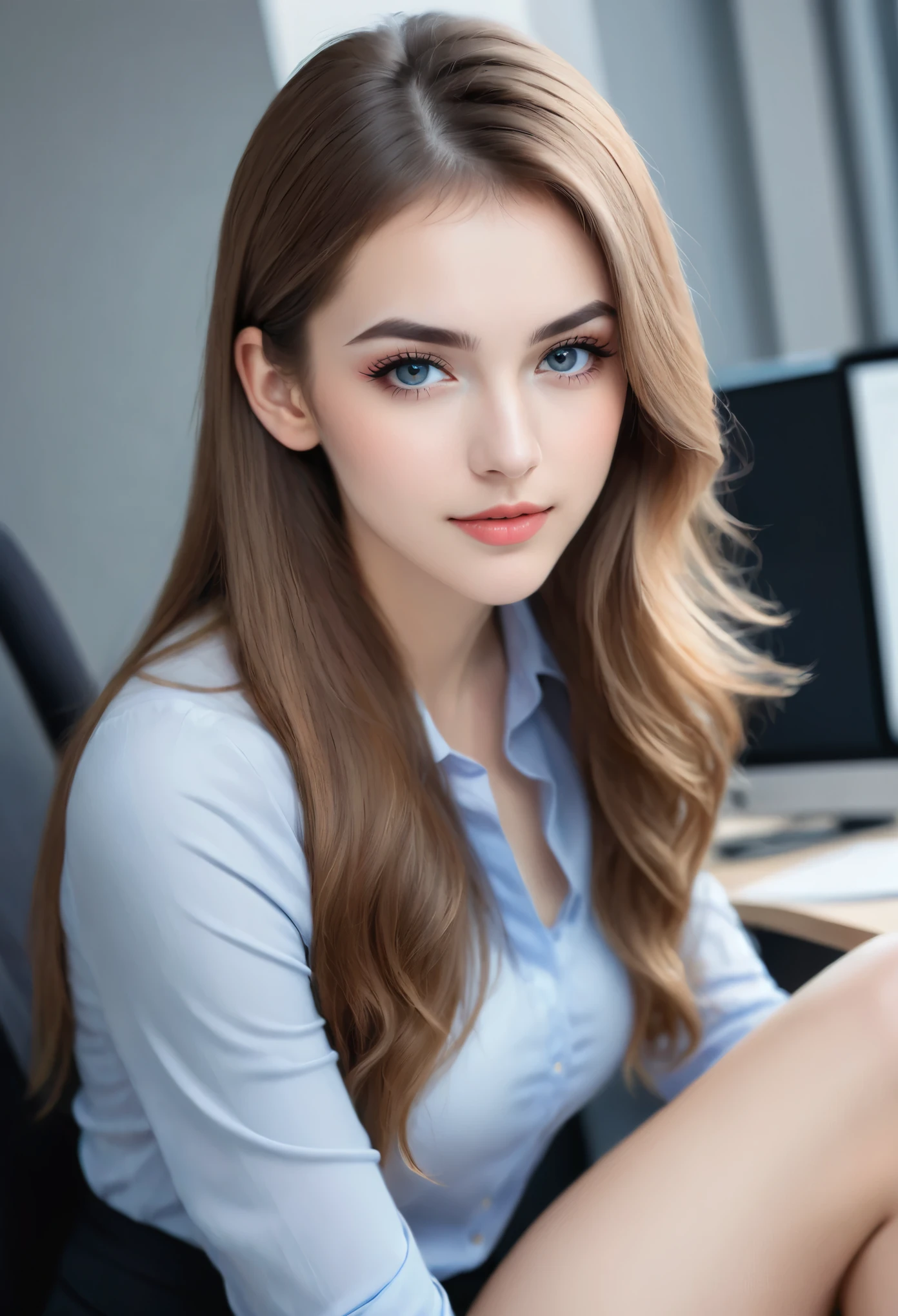 The virtual portrait of a 2 German girl exudes youthful beauty, with flawless skin and a soft, tiled skin tone. Her long, light brown hair cascading down her back accentuates her heart-shaped face and emphasizes her striking features. Her deep blue eyes sparkle with warmth and kindness, framed by thick, dark eyelashes that add depth and dimension. Her eyebrows are perfectly shaped, slightly arched and pointed, complemented by a small, pointed nose and plump, pink lips. A slim figure, office uniform, a short skirt, sitting with legs slightly exposed, sitting at a desk. 