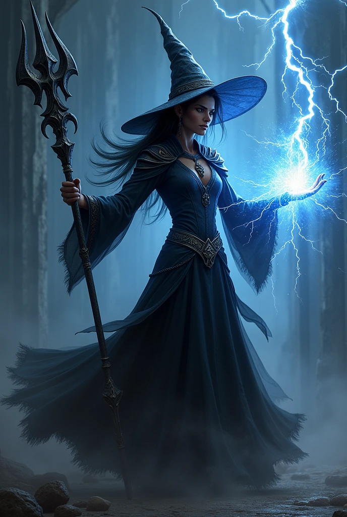 female dark elf, dark skin, witch in black dress with witch hat, with a black metal staff, dark energy emanates from him, casts a powerful electrical spell, looks at you with disdain