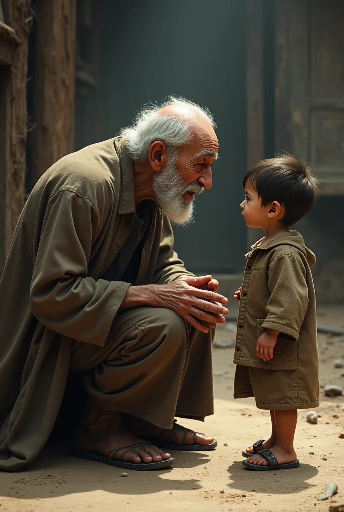An old man kneeling in front a begging