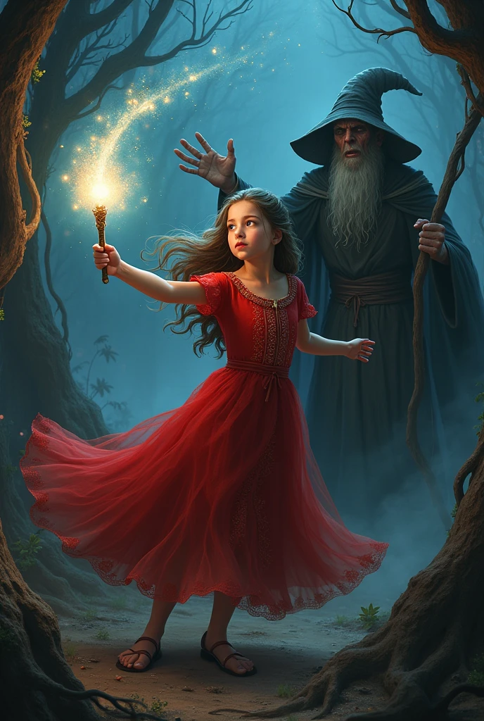 girl in red dress with a magic wand casting a spell on a witch.