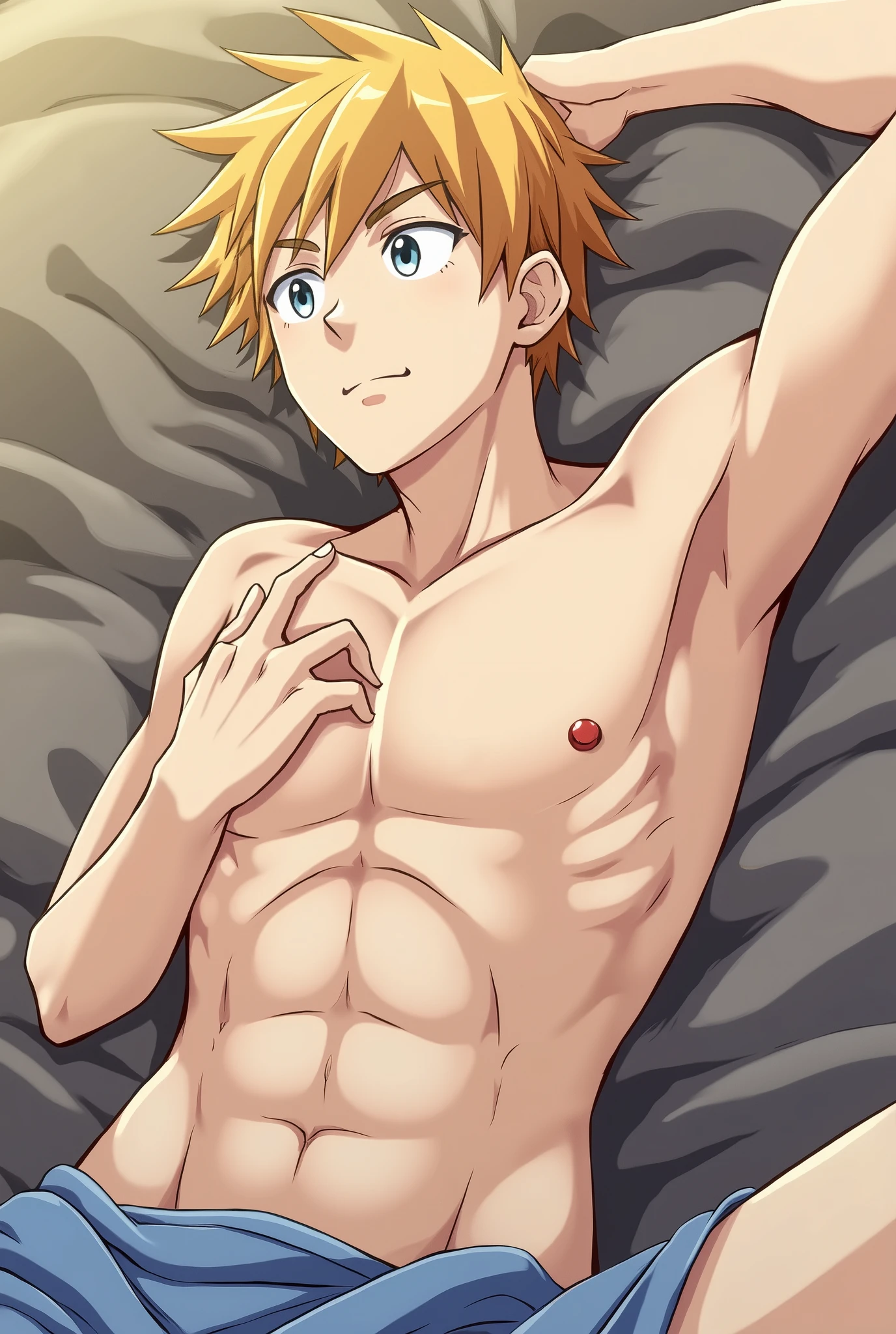 Highres, Masterpiece, Best quality at best,Best Quality,hight quality, hight detailed, Anime style, (boys), 1boy, Arthur Pendragon , (short body, slim body), (armpit), summer, hot day, sweat, view from front, (shirtless, topless, bare chest), sitting on a golden throne