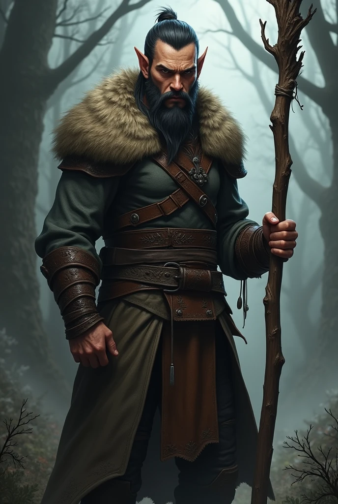 monge, half elf, with wooden staff, with a dark goatee
