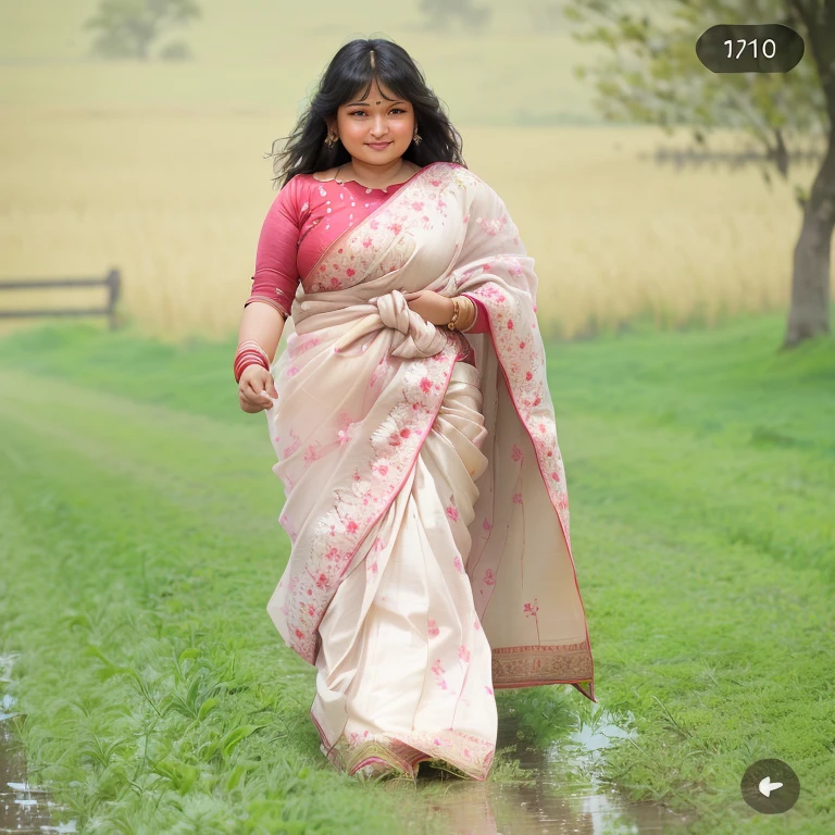a woman in a sari walking through a field, wearing bihu dress mekhela sador, flowing sakura silk, assamese aesthetic, with lovely look, taken with canon 8 0 d, traditional beauty, pastel', candid picture, joyful look, front side full, beige, steady look, assamese, evening at dusk, flowing sakura-colored silk