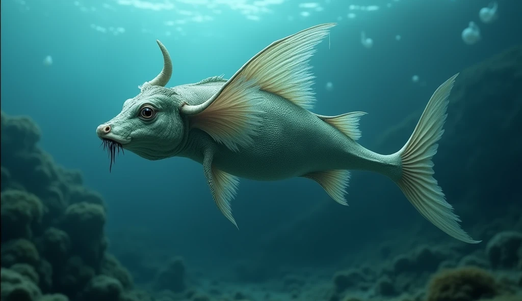 There is a creature underwater that has a fish body, a cow head and a snake tail.,Creature with wings on its back(best quality,4K,8k,High level,masterpiece:1.2),Ultra Detailed,(lifelike,Photo real,Photo real:1.37)