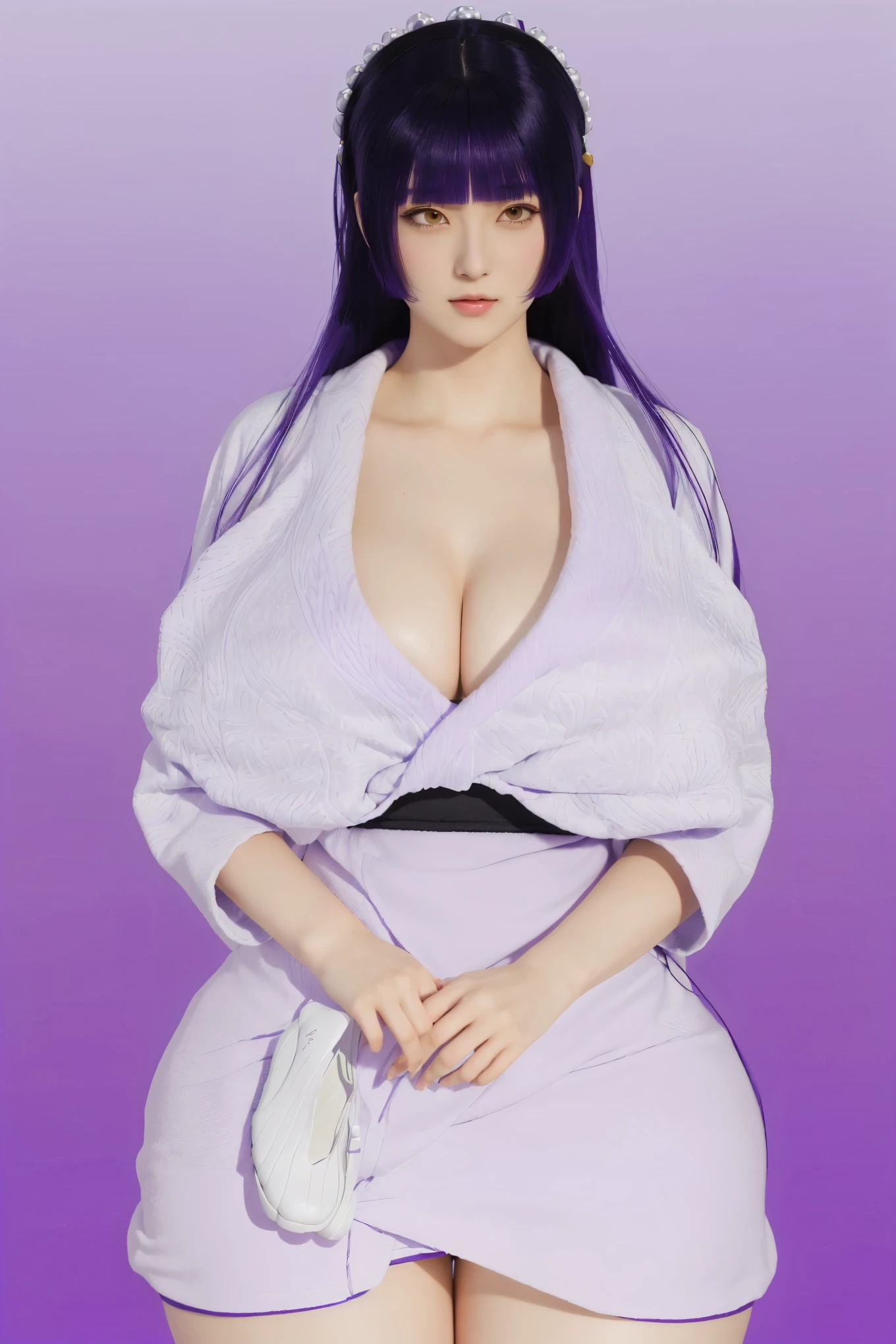 arafed woman in a white dress and black shoes posing for a picture, hinata hyuga from naruto, hinata hyuga, inspired by Nishikawa Sukenobu, kasumi arimura style 3/4, saggy purple robes, maya fey from ace attorney, styled 3d, thicc, nico robin, inspired by INO