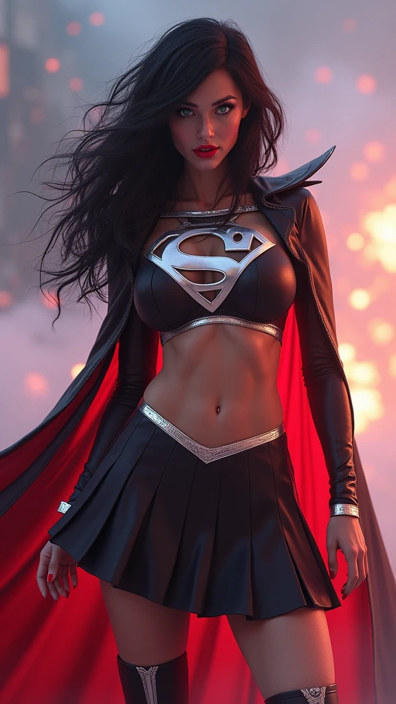 A BUSTY SEXY FEMALE WITH MEDIUM LONG MESSY BLACK HAIR, DREAMY GREEN EYES, WEARING A ONE PIECE BLACK SUPERGIRL TOP WITH A BIG SHINY SILVER "S" EMBLEM ON HER CHEST, A PLEATED SHORT BLACK SKIRT WITH A SILVER LEATHER BELT, LONG BLACK BOOTS WITH SILVER TRIM, AND A LONG BLACK CAPE. RED LIPSTICK, RED FINGERNAILS. INCREDIBLY DETAILED GLOWING SKIN, INCREDIBLEY DETAILED FACE, INCREDIDBLEY DETAILED CLOTHING, TEXTURED SKIN PORES, TEXTURED HAIR, 8K ABSURD RESOLUTION, MASTERPIECE. PHOTO REALSITIC, HYPER REALISTIC. CHAOTIC BACKGROUND. 16K RESOLUTION. PREFESSIONAL GRADE IMAGE.high quality, (RAW photo, best quality), (realistic, photorealistic: 1.4), (extremely delicate and beautiful: 1.4), amazing, fine details, masterpiece, ultra detailed, high resolution, best illustration, best shadow, intricate, ( extremely intricate: 1.2), (exquisitely detailed skin), cinematic light, perfect anatomy, (cool color: 1.4), sharp focus, 8k UHD, DSLR, (Fujifilm XT3),Epic Fantasy Art Style HD, 4K fantasy art, epic fantasy digital art style, epic fantasy art style, Fantasy Woman, epic fantasy art portrait, Epic fantasy style, hyperrealistic fantasy art, hd fantasy art, Epic fantasy character art, epic fantasy art, in style of dark fantasy art, epic fantasy digital art