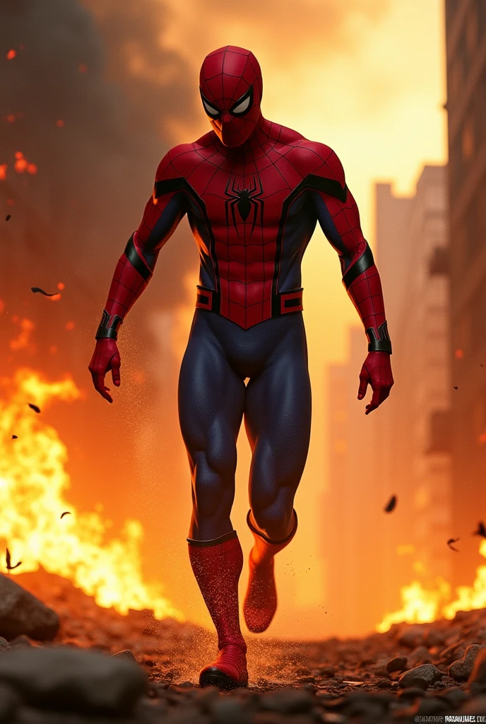 Spider man walking out from the fire 