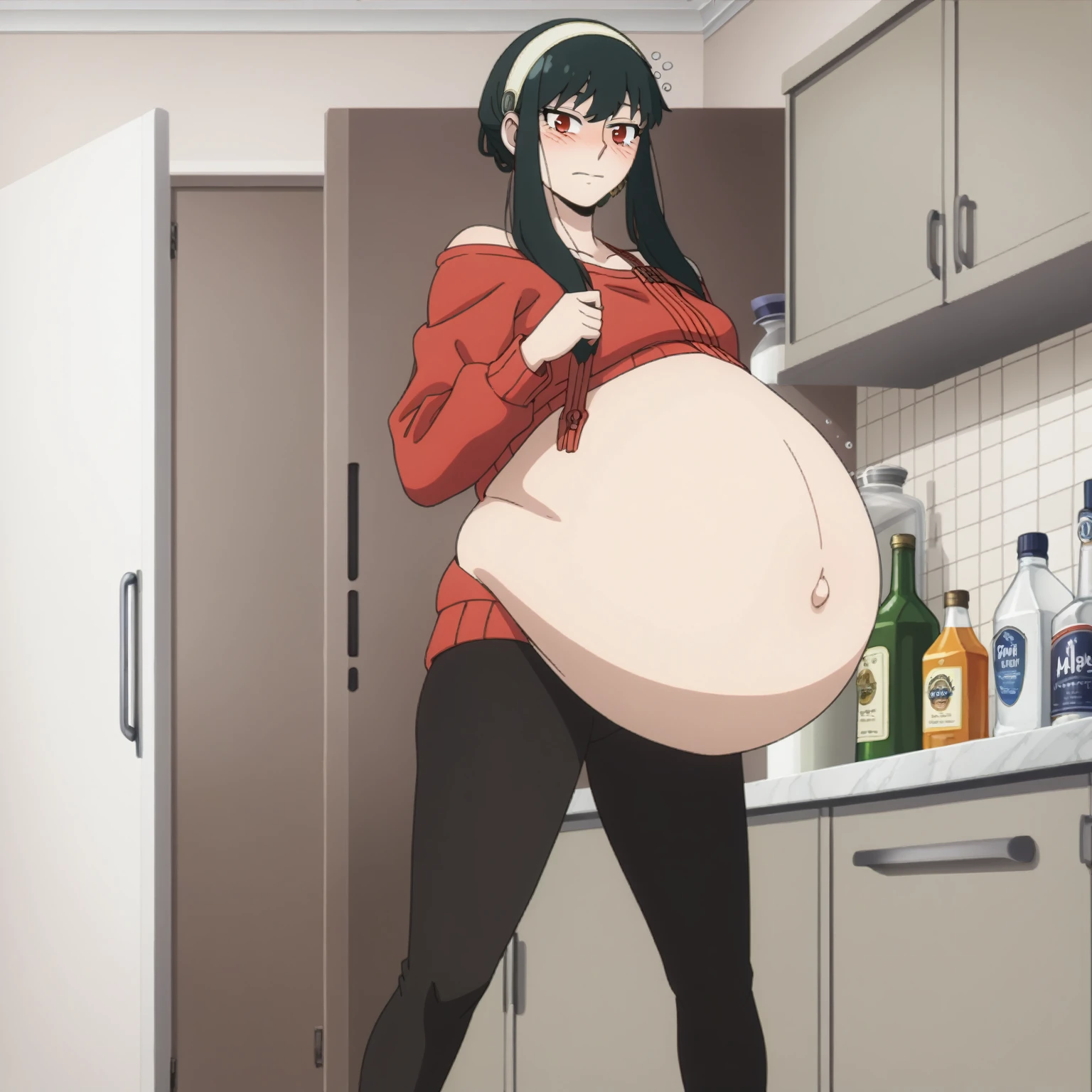 looking at viewer, solo, YorForger,1girl, ((middle breast)), ((belly stuffed)), ((huge belly)), ((very drunk)), ((staggers)), black hair, red eyes, short hair with long locks, white hairband, off shoulder, ((red sweater)), black pantyhose, ((drank too much)), ((exhausted)), ((agitated)), ((in front of a fridge)), ((open fridge)), ((lean on the fridge)),