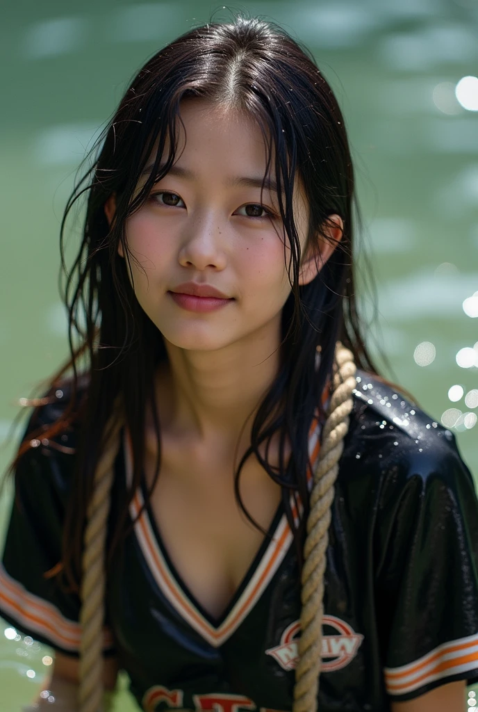 The girl wearing a black football shirt was soaked in water but she was tied to her chest with rope but smiled sweetly

