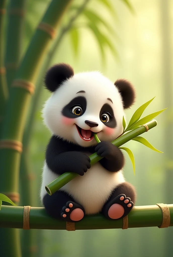 I need you to design me an animated image of a cute baby panda biting a bamboo branch