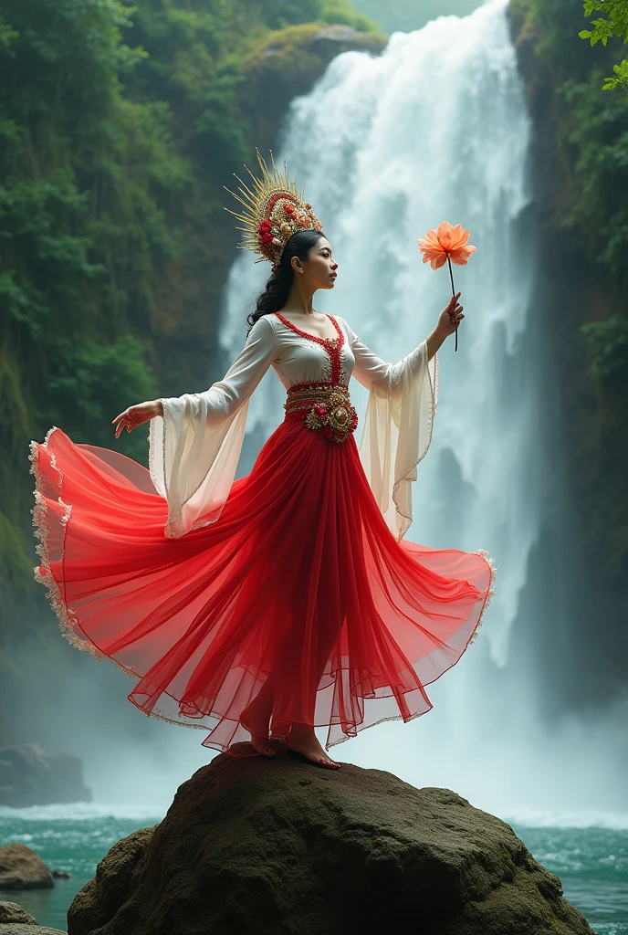 Photoshot of a beautiful woman wearing a red and white dress and wearing a mah kota with a burubg head and a long cloth on her shoulders.  Dancing on a big rock under a very beautiful waterfall.   While holding a beautiful flower