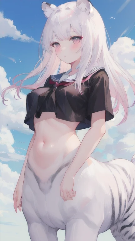 (best quality, masterpiece), 1 girl, centaur, I beg, White skin, Japanese schoolgirl,daughter,black pink, exposing the abdomen, belly button t-shirt , beautiful girl perfect, White tiger photo, 완벽한 White tiger photo
