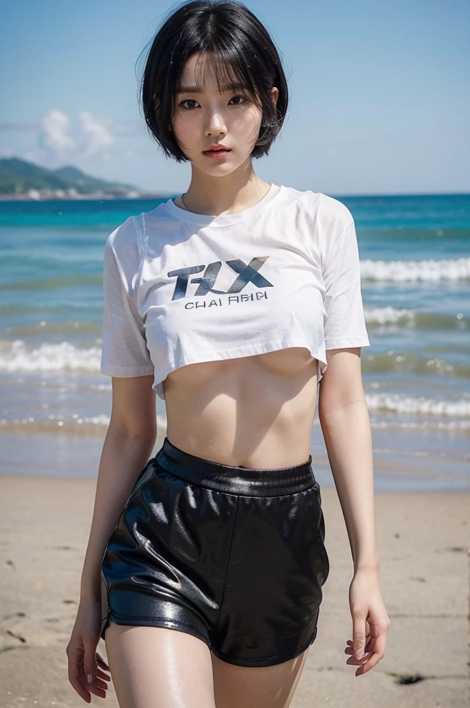 best quality, 8k, very delicate and beautiful, highly detailed face and skin texture, shiny skin, high resolution, big tits sexy black short hair korean girl in cropped t-shirt and thigh short pants walk on a beach, sharp focus