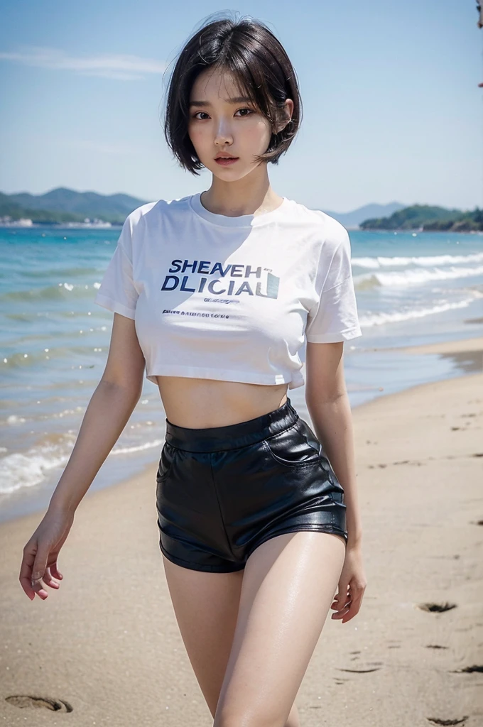best quality, 8k, very delicate and beautiful, highly detailed face and skin texture, shiny skin, high resolution, big tits sexy black short hair korean girl in cropped t-shirt and thigh short pants walk on a beach, sharp focus