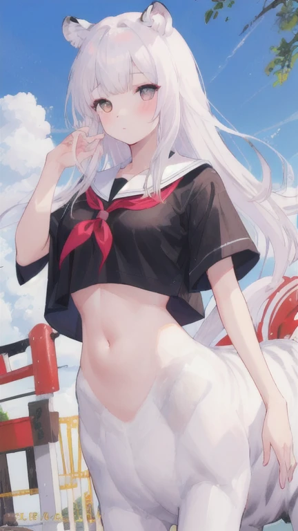(best quality, masterpiece), 1 girl, centaur, I beg, White skin, Japanese schoolgirl,daughter,black pink, exposing the abdomen, belly button t-shirt , beautiful girl perfect, White tiger photo, 완벽한 White tiger photo