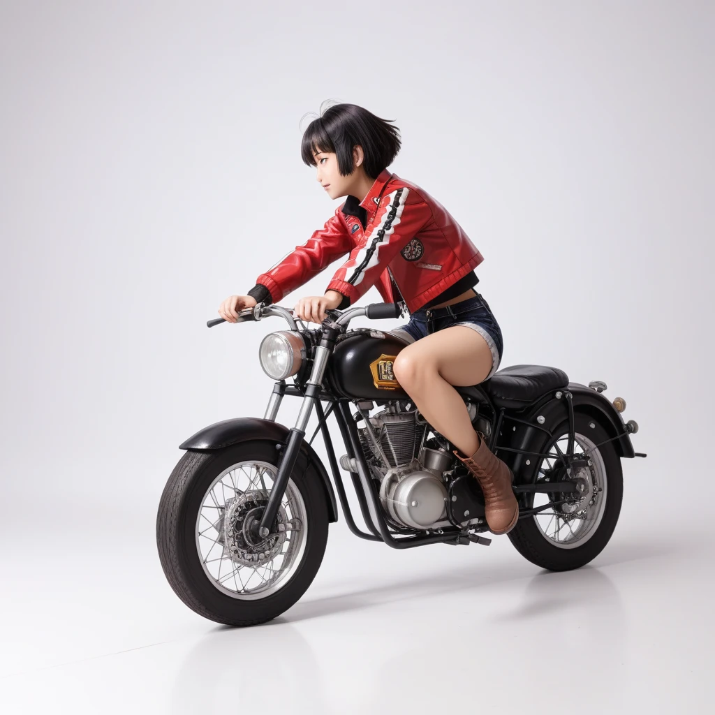 (磁器people形:1.2)、(陶磁器people形:1.2)、(Ride a classic motorcycle:1.2 )、(Vintage Bikes、Bluff Superior SS100)、美しい若い日本people女性、Beautiful Face, Black Hair, Short Bob Hair, Red classic leather jacket、leather shorts、boots、goggles、Take a photo of the entire bike、(people々々And the size balance of the motorcycle is our number one priority.:1.2)、Blur the background、((No background))、((White Background))、((Plain background))、((No logo))、(Highest quality、High resolution、masterpiece)、(3d)、4K、8k、wallpaper、