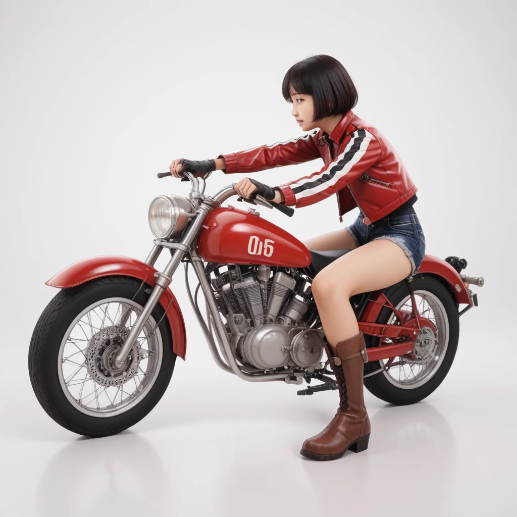 (磁器people形:1.2)、(陶磁器people形:1.2)、(Ride a classic motorcycle:1.2 )、(Vintage Bikes、Bluff Superior SS100)、美しい若い日本people女性、Beautiful Face, Black Hair, Short Bob Hair, Red classic leather jacket、leather shorts、boots、goggles、Take a photo of the entire bike、(people々々And the size balance of the motorcycle is our number one priority.:1.2)、Blur the background、((No background))、((White Background))、((Plain background))、((No logo))、(Highest quality、High resolution、masterpiece)、(3d)、4K、8k、wallpaper、