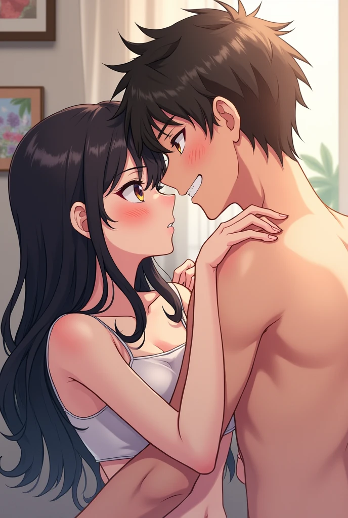 1middle age man, wrinkle face, black hair,bangs swept to the right side, Middle aged man behind girl, touching chest, breatsgrope from behind, grab, grabbing chest,chestgrab behind back, removing bra, hold bra, hug back, hugging, neck kiss, 1girl, black hair, waterfall braid, red ribbon, long hair, brown eyes, blue star necklace, light cardigan pink, open shirt, yellow shirt open shifrt, navel, white bra, white pants, cute, open mouth, full body, long sleeves, cowboy shot, masterpiece, on a dating, blushing, bedroom, night, sit on bed