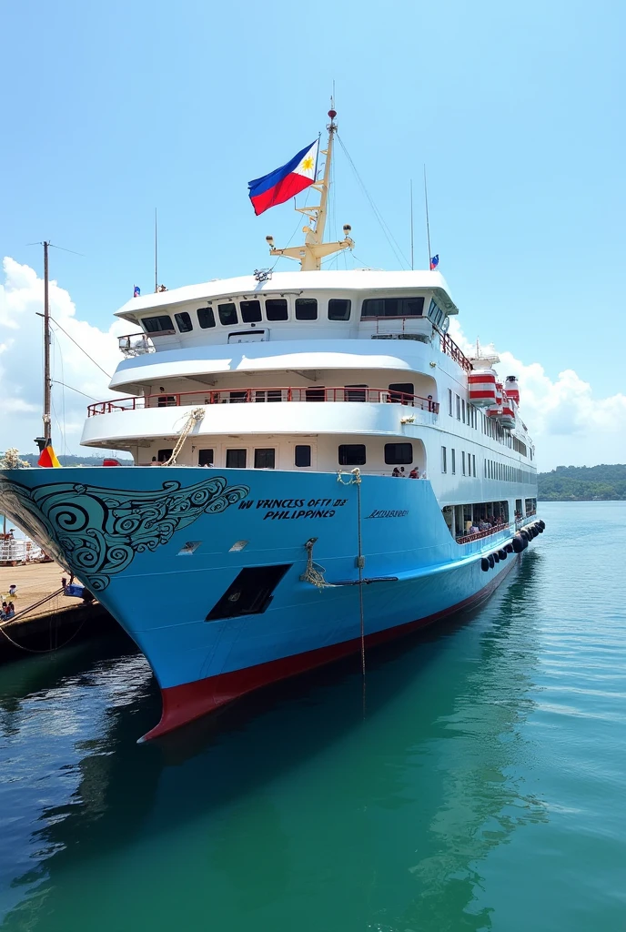 A Passenger Ferry named MV Princess of Philippines with a blue hull and a philippine flag at the back of the ship at Allan Port Samar at 2.00pm