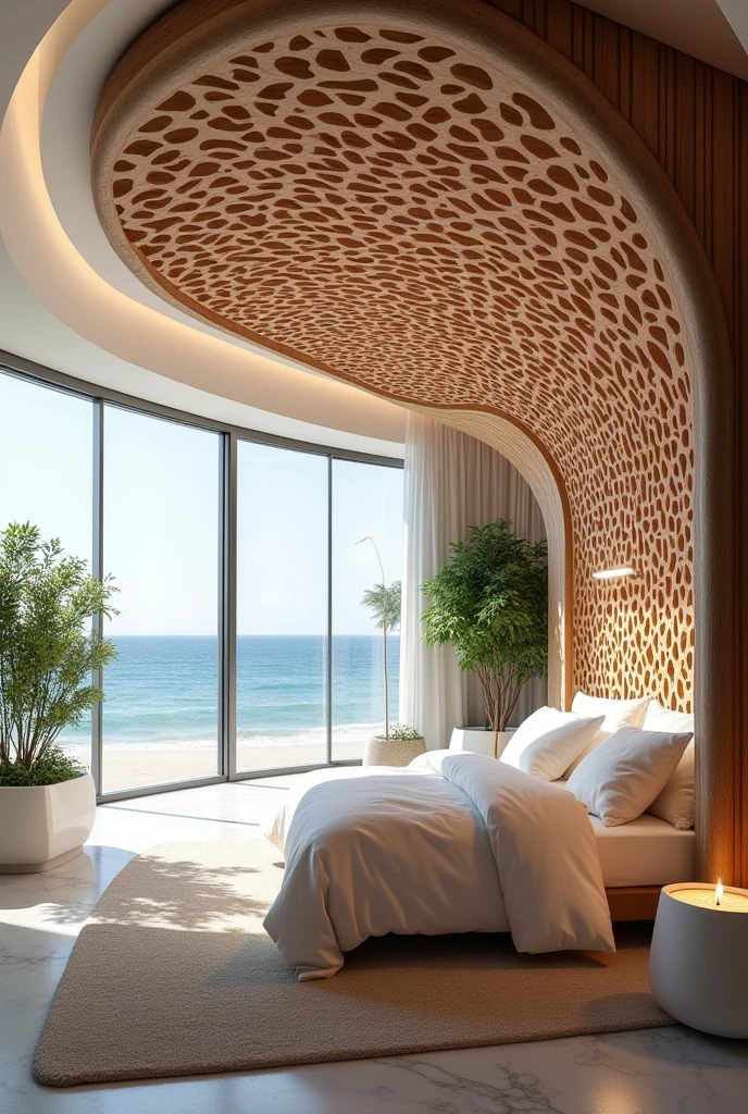 "Luxury master bedroom with stunning parametric walls made of wooden latticework, forming elegant, organic curves that flow seamlessly throughout the space. Soft LED lighting is integrated between the curves, highlighting the intricate patterns and adding a warm, ambient glow. The design is minimalist yet strikingly modern, with a clean, all-white palette that contrasts beautifully with the natural wood tones. Expansive floor-to-ceiling windows offer a breathtaking view of a serene beach and deep blue ocean, while modern planters with lush green plants add a touch of nature to the sophisticated interior. The room, captured in a detailed photograph, exudes a sense of calm and innovation, blending advanced design techniques with a tranquil coastal environment."
