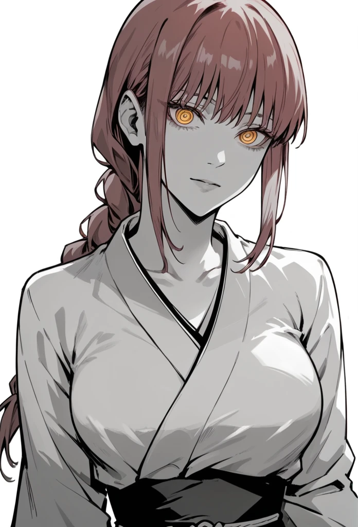 score_9, score_8_up, score_7_up, looking at viewer, makima, red hair, braid ponytail, ringed eyes, yellow eyes, kimono red ,outfit 1 , dark, emotionless, monochrome, simple background large breasts 