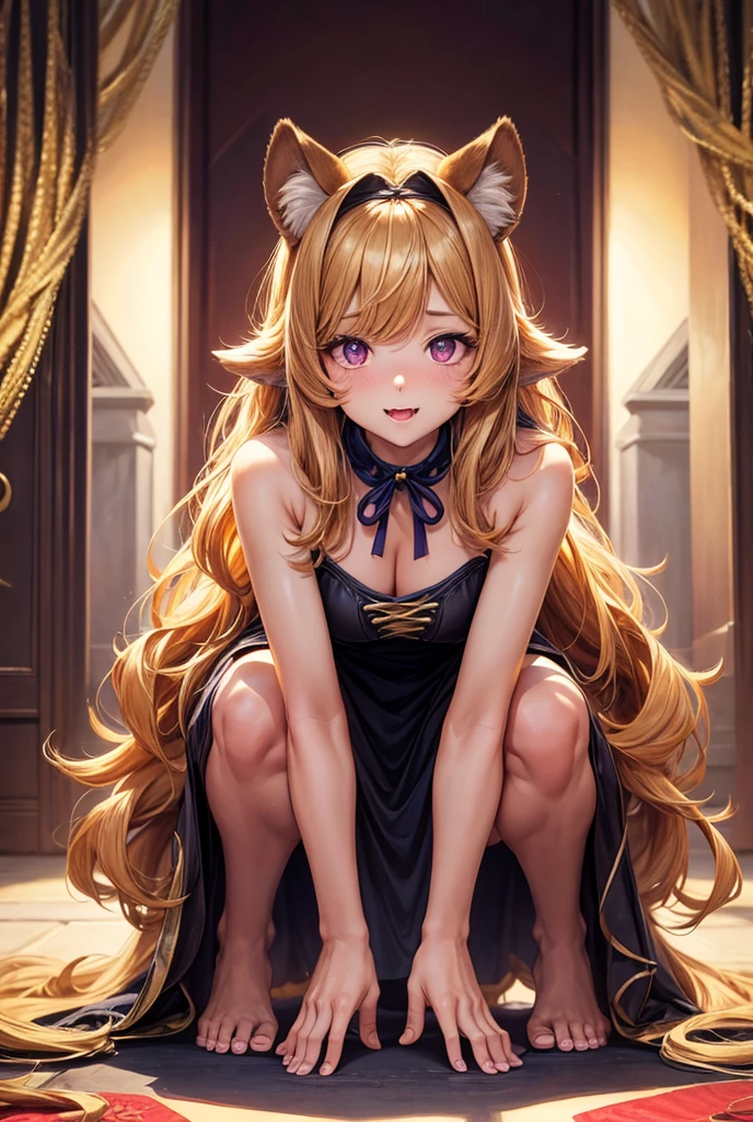 good lighting, cocker spaniel, furry, anthro, shows faceless breasts, Decollete, Attractive Face, sexy face, Viewers look at, Seductive look, sfw, 1 girl, alone, fangs, Happy, Full body, clothed, Body fur, furry female, furry, purple eyes, tail, Viewers look at, animal ears, blond hair, :3, length hair, yellow fur, flat color, medium breasts, animal nose, neck ribbon, dog girl, collared, Hundeohren, fluffy bangs, Bangs with middle parting, split bangs, unordentlicher Pony, Nose blushing, dog tail, Animal feet, long ears, Golden Retriever, spaniel dog, fluffy ears, downward facing ears, Schlappohren, langes Ohrfell, Ears like hair, adult