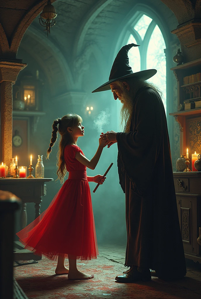  girl in red dress with a magic wand casting a spell on a witch inside a house.