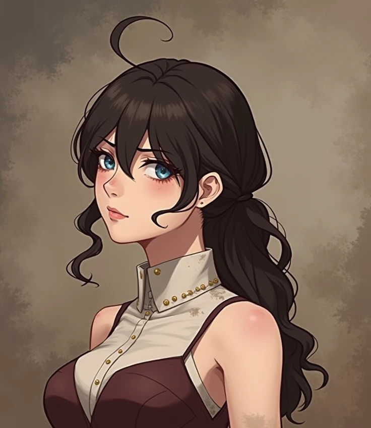 A female lieutenant, long wavy hair with a fringe covering her forehead, Grey blue eyes almost like metal, pale chick, splattered nose.