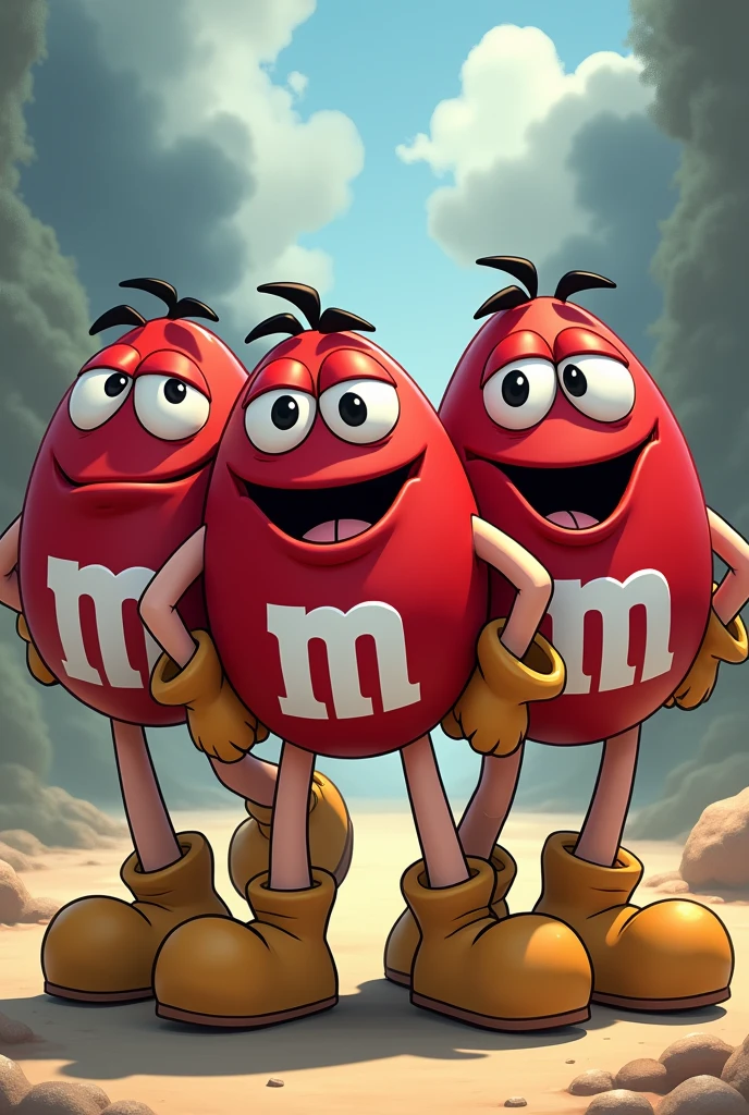 One Piece, Three Red M&M Men, Sharigan, Mischievous grin, fusing, bodies pulled towards eacother, Giant floppy potato shoes, goofy smile