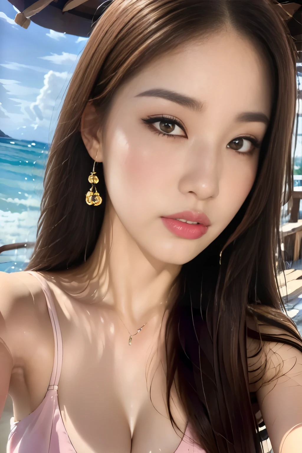 Highest quality, 8k, masterpiece :1.3,One Girl,Asking for a kiss,Pink blush:1.2,blush:1.2,Sexy pose,Red lipstick:1.2,Dark lipstick:1.2,Slim face, Beautiful woman, Big Breasts:1.3,double eyelid, Ocean,balcony, summer,Looking into the camera,Camisole dress Long dress,masterpiece: 1.3,Maximum resolution: 1.4, Cinematic Light, Detailed eyes and skin, (Detailed facial features), 8k解像度, Perfect Style, Beautiful expression,Highly detailed face and skin texture,Pale Cheeks,Pure white skin:1.5,Glossy Lips:1.2,((Full Body Shot:1.2)),Straight Long Hairstyles,Light brown hair,175cm,High heels