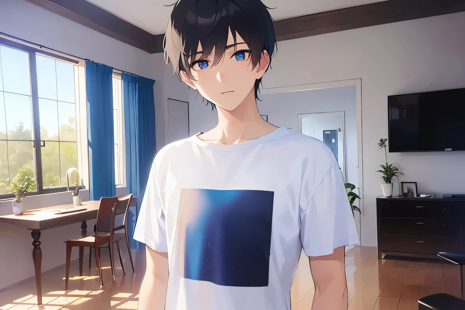 upper body、shiny skin, masterpiece、Highest quality、(2 male:1.5) and (Black short hair) and (blue eyes), (White T-shirt)、Are standing、confused, The background is the living room、alone、Are standing