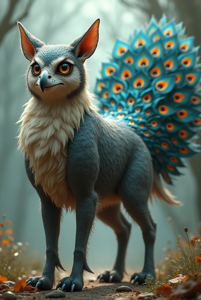 create an owl-headed animal, dog body, goat legs and peacock tail