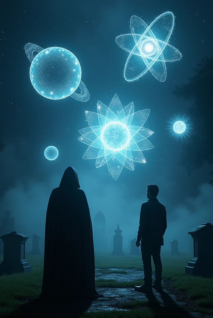 A hologram in the form of an atom, a hologram in the form of a sphere with orbits, a hologram in the form of a nucleus with spines, seen in the night sky, by a man in a robe and hood and another man without a hood, in the middle of a cemetery
