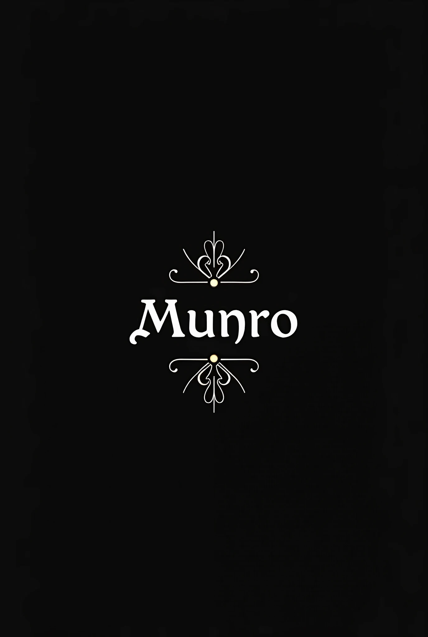 I want a magician's business card. front view. On a black background that says "munro" with old letters, elegant, minimalist and white. With a simple line around the edges and a minimalist and phi-harmonious design.