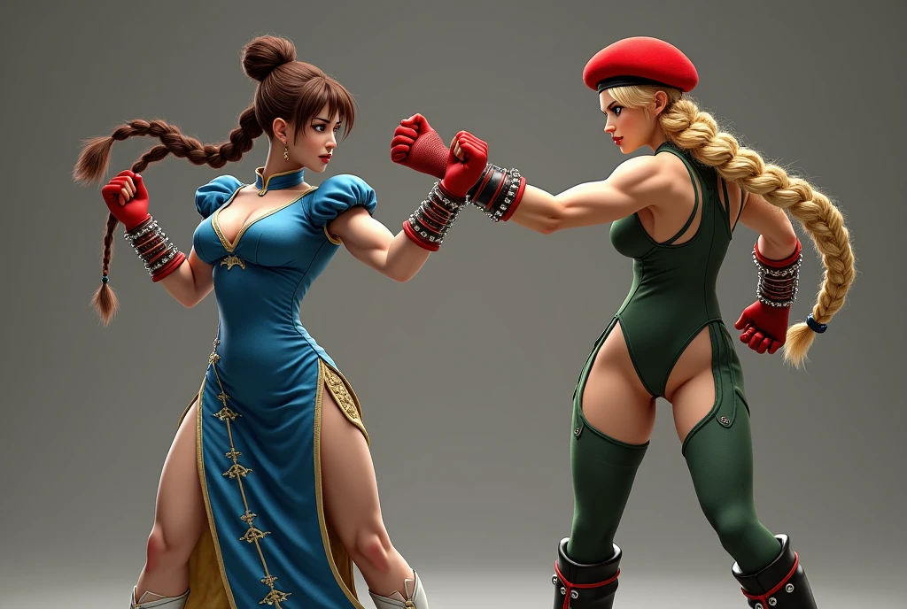 Digital photograph, two beautiful women, Chun-Li vs Cammy, Both of them are in dynamic and action-oriented pose, Both of fight, ([Chun-Li:1.2,brown hair,Bun Hair on both sides of the head,Bun cover,lipstick,makeup,She is wearing a blue china dress,gold trim,Blue cheongsam with side slits,puffy sleeves,short sleeves,side slit,cross-laced footwear,pantyhose,pelvic curtain,spiked bracelet,white footwear]). 
([Cammy White:1.2,light skin,blue eyes,and long blonde hair styled in two braids,She is wearing a red Beret,green leotard,red fingerless gloves,black combat boots]). 
BREAK. Composition of fighting games, The other one person Stick butt out and throws a punch, masterpiece, ultra high resolution, high definition RAW photograph, Highly detailed CG, best quality, 4K, perfect anatomy, perfect proportions, details accurate face, Accurate limbs, details accurate limbs, accurate finger, erotic body, Ultra-realistic