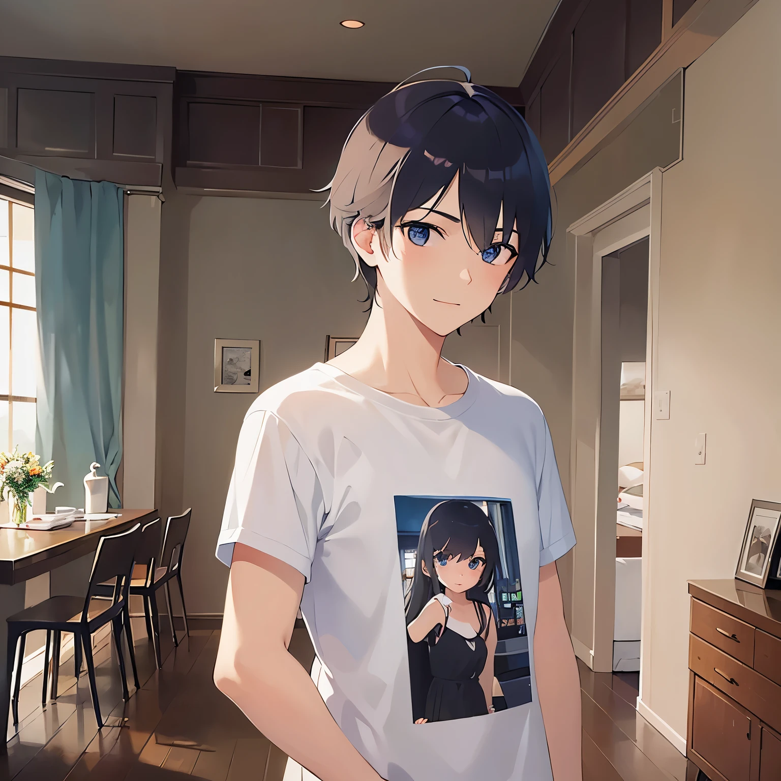 upper body、shiny skin, masterpiece、Highest quality、(2 male:1.5) and (Black short hair) and (blue eyes), (White T-shirt)、Are standing、smile, The background is the living room、alone、Are standing