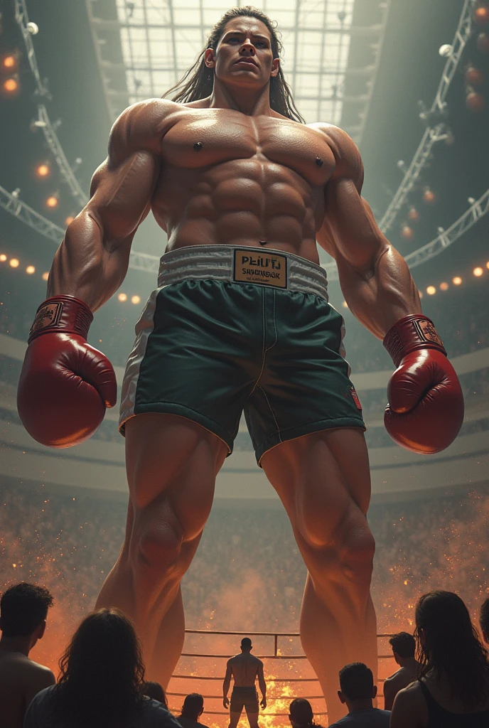 A 4 meter tall boxer woman starts boxing against 20 men. The woman is very tall, she knocks the men down, the woman drinks a potion and becomes huge.. He is even bigger, 8 meters tall, he defeats all boxers, he grows up and people are like dwarfs, this power pleases him and he beats everyone, destroys the town, with it the woman finds her ex-husband, the woman defeats him by just blowing him