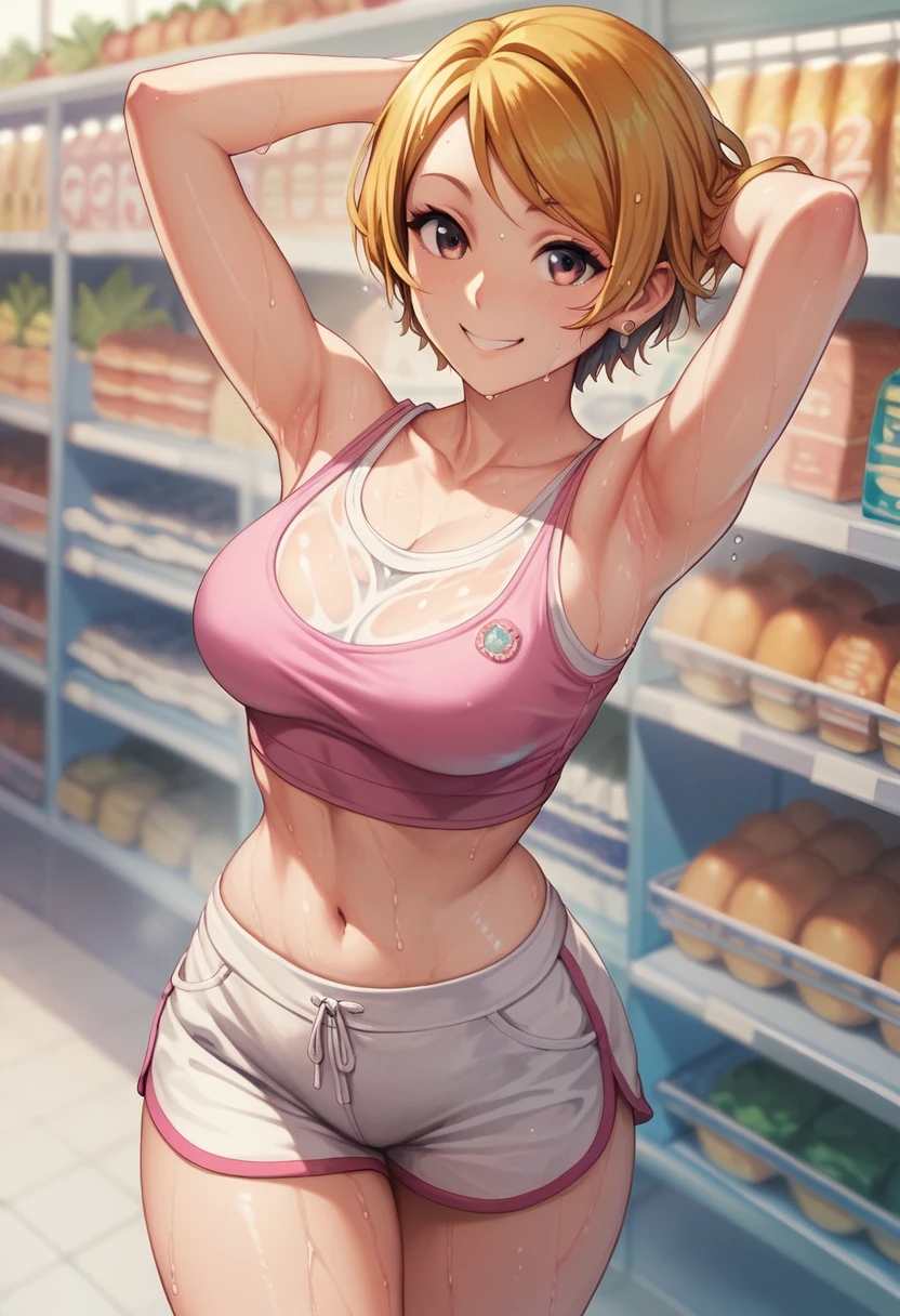 koizumi_hanayo,pink Crop top, white tight shorts,soaked in sweat,sweaty,red face,blunt hair,curvy body, standing in supermarket , exposed armpits, smile, exposed side breasts, earrings