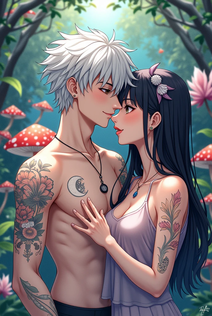 Create 1 character with 2 different personalities, The first personality has white hair and a tattoo on his chest that says moon, the second personality is a woman and is drawing a mushroom garden and has a tattoo on her arm that says lotus, in anime format