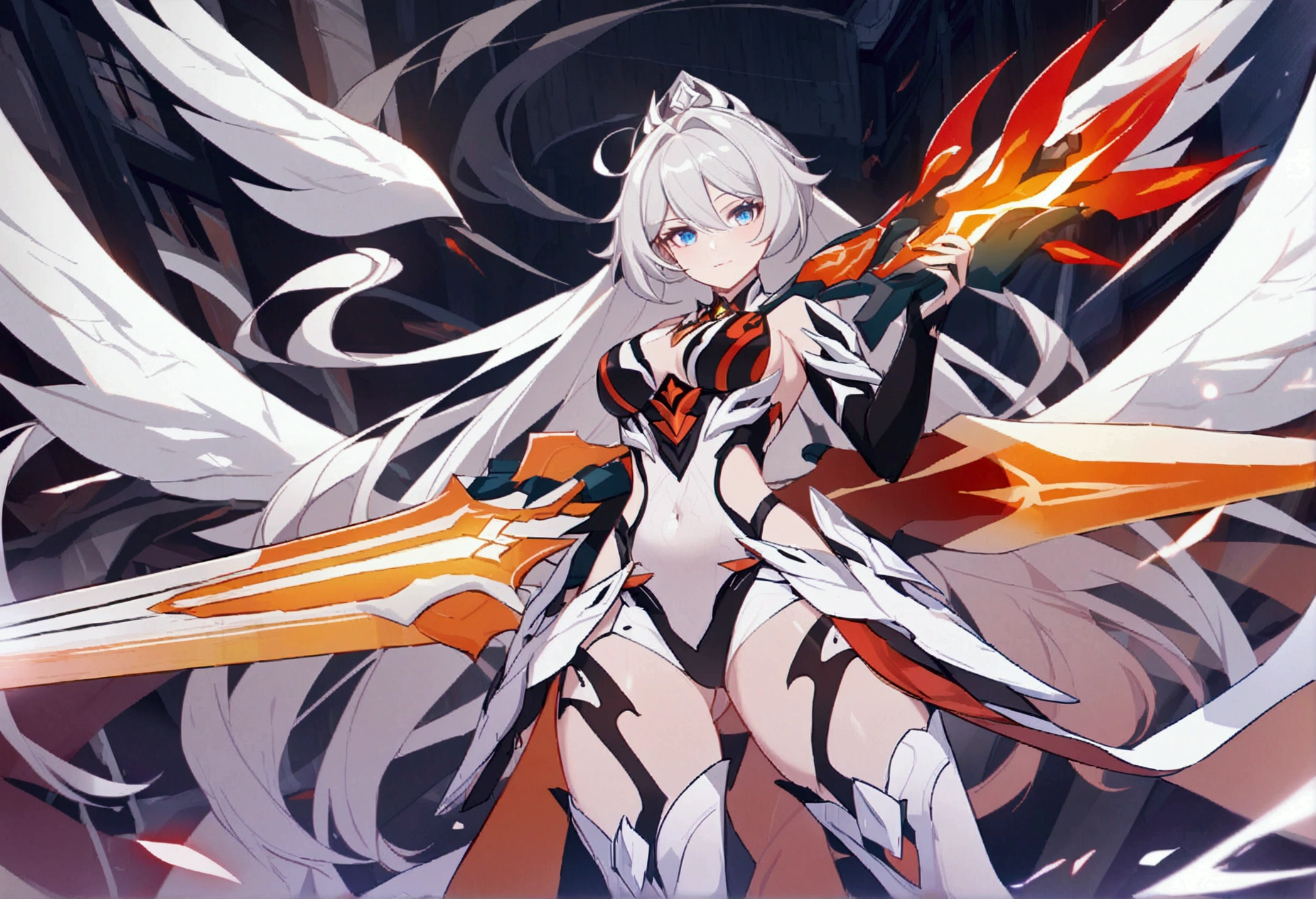 1 girl,mature girl,kiana kaslana,Herrscher of Flamescion,Honkai Impact,white hair,shiny hair,beautiful long hair,beautiful eyes, high quality,beautiful,valkyrie,hyper,masterpiece,perfect body, nice body, curvy,armor,hyper quality,high quality, perfect,high detailed eyes,high detailed face,valkyrie suit,wings,great flame sword,looking at viewer