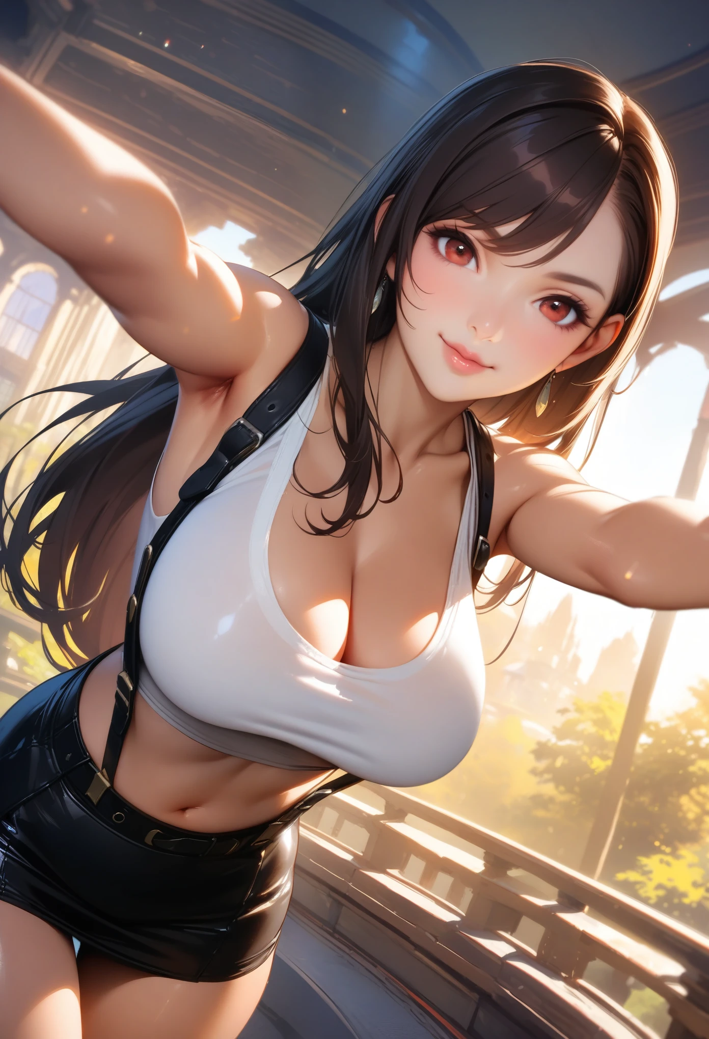 score_9、score_8_wonderful、score_7_wonderful,One Girl、(((tifa lockhart:1.5)))、erotic、Dark fantasy、Realistic style、Perfect female body、Tight waist、Glowing Skin:1.4,big breast1.1、Beautiful breasts、cleavage、lips、Long Hair、eyeliner、eyelash、Detailed eyes、Mature Woman、sexly、Cool face、Gazing at the audience、blush、(Detailed Hair、bangs、Dark brown hair、Fluttering Hair)、wear ((Black skirt with suspenders), Black elbow gloves, White tight shirt, thigh, White tank top, belly button, (Mitcal), Random Pause, wonderful bust、smile,High resolution、high quality、masterpiece、High resolution、Highest production values、Random Angle、(Dynamic Angle),wonderful bust、